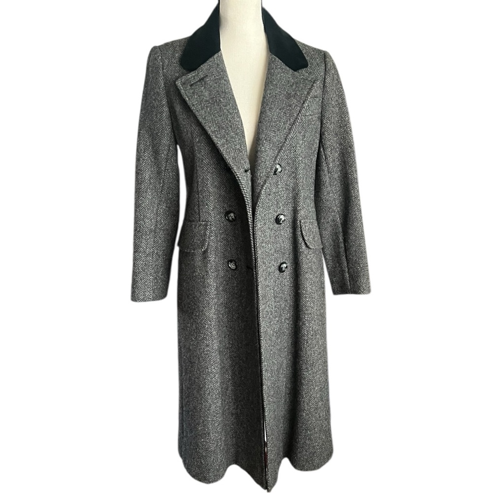 VTG. Karen 100% Pure Wool Gray Double Breasted Herringbone Long Coat. - Picture 2 of 8